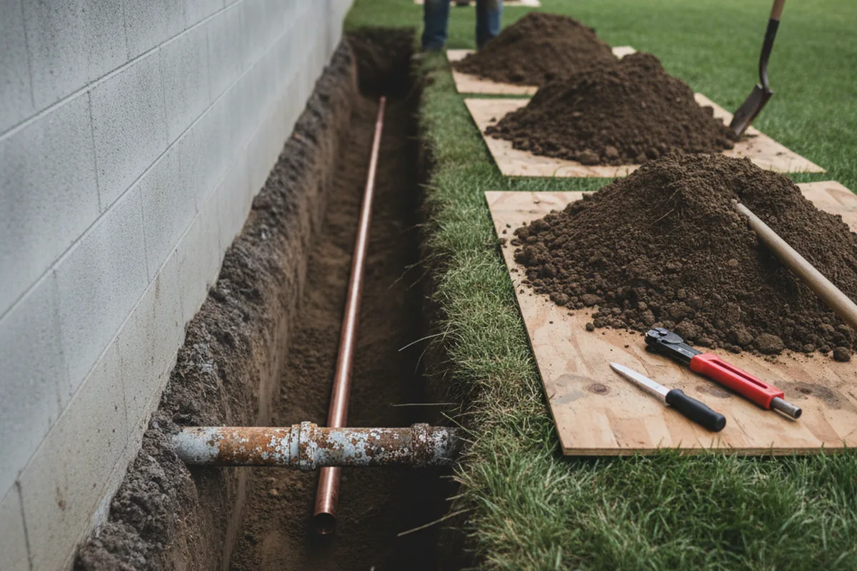 Excavated water line trench during Water Softener Installation in Finlayson